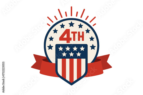 4th of July Independence Day USA patriotic vector emblem. American holiday celebration graphic with flag shield, stars and stripes. Vintage design for banner, sticker or icon.
