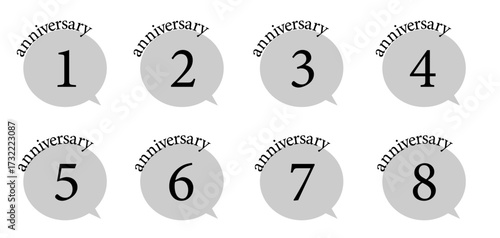 アニバーサリー周年記念 モノクロの吹き出しセット ベクター素材（1周年, 2周年, 3周年, 4周年, 5周年, 6周年, 7周年, 8周年）