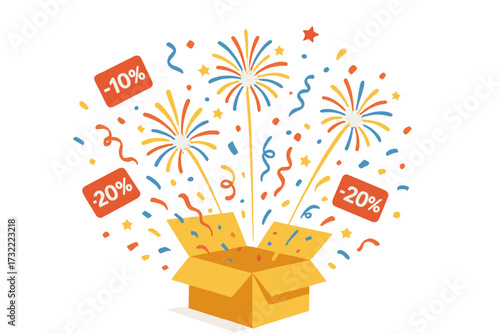Super sale vector concept. Box opening and exploding with fireworks, confetti and discounts. Surprise gift special offer. Shopping promotion celebration. Isolated illustration.