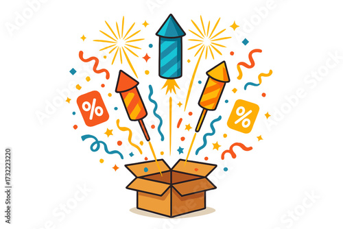 Super sale vector concept. Box opening with exploding fireworks, confetti, and discount prices. Special promotion, grand opening, or celebration surprise with transparent background.