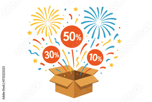 Super sale concept. Open box exploding with fireworks, confetti, discounts. 10, 30, 50 percent off. Promotion banner design. Surprise gift. Special offer vector illustration.