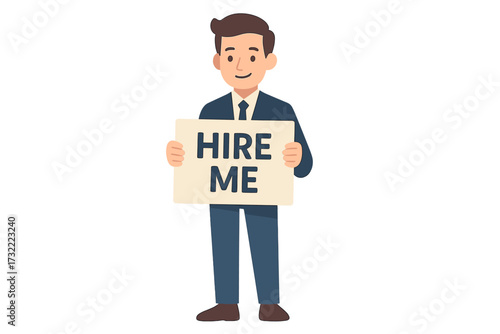 Job search concept with an unemployed man holding a 'Hire Me' placard. Vector illustration for recruitment, human resources, and finding a career. Jobless character seeking work.