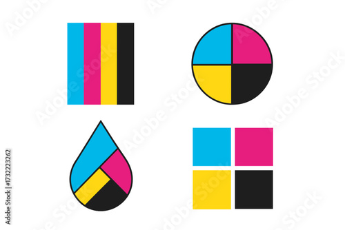 CMYK color model icon set. Vector illustration for print and graphic design. Cyan, magenta, yellow, black ink symbols. Geometric shapes for printing press and color theory.