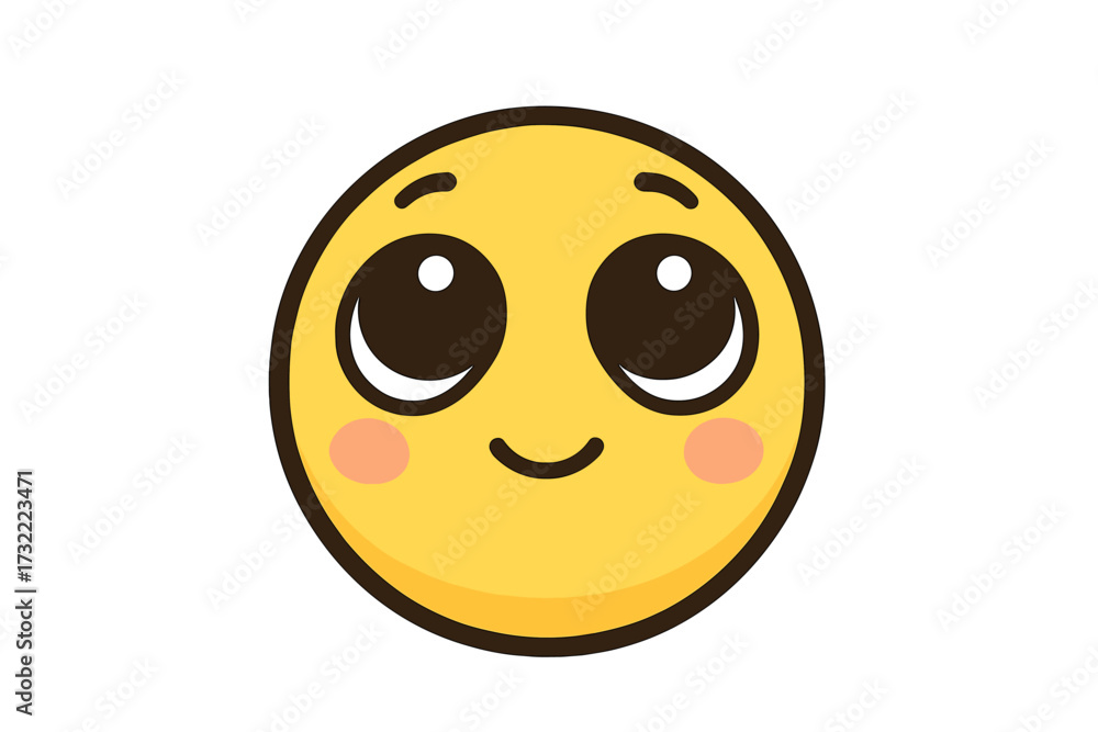 Fototapeta premium Cute emoticon looking up with big hopeful eyes. Adorable kawaii emoji begging or pleading. Shy blushing face expressing desire, wish, and innocence. Vector character icon.