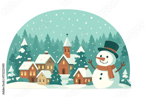 Christmas winter town in snowy forest landscape with cozy houses, snow-covered pine trees, festive happy snowman, joyful winter scene, transparent vector art illustration