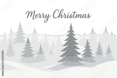Christmas winter forest landscape background with snow. Minimal vector illustration with calligraphic Merry Christmas message. Snowy pine trees in fog. Holiday greeting card design.