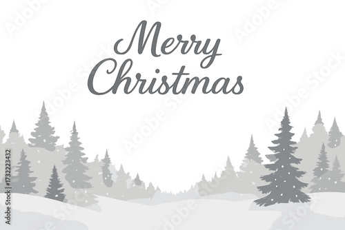 Merry Christmas greeting card with calligraphic text. Minimal vector illustration of a peaceful winter forest landscape with snow, fog and pine trees. Holiday season background.