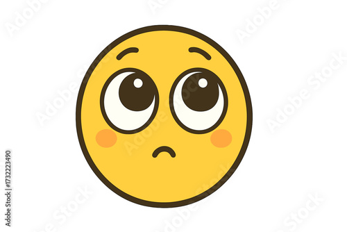 Cute emoticon with big puppy dog eyes looking up. Pleading begging face emoji. Hopeful sad character. Vector illustration for concept of wanting, wishing or innocence. Smiley icon.