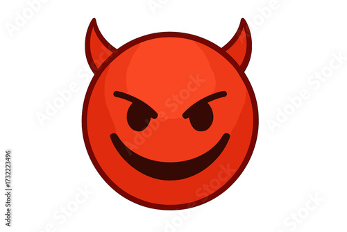 Mischievous devil face emoticon with a wicked smile. Vector emoji of a red demon character with horns. Naughty and evil smiley. Concept of temptation, sin, or being bad.