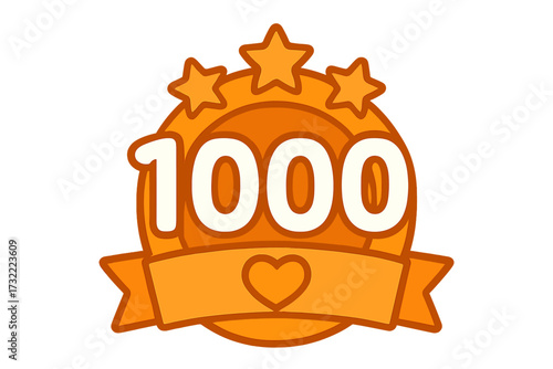 1000 followers thank you badge. Social media celebration for 1k subscribers. Milestone goal achievement vector icon. Golden award emblem with stars and heart for likes.