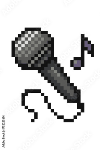 Microphone pixel art icon. 8-bit retro gaming style mic and music notes symbol for karaoke or podcast. Voice recording audio sign. Vector cartoon illustration isolated.