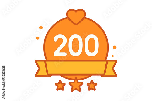 200 followers celebration badge vector illustration. Thank you for 200 subscribers social media icon. Milestone achievement award with heart, stars, and ribbon banner.