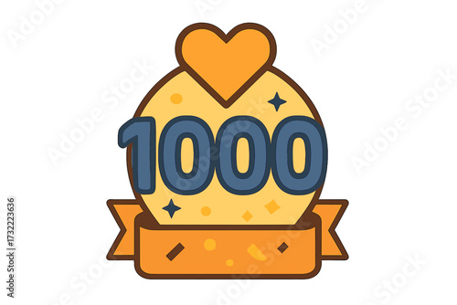 One thousand followers celebration vector design. Thank you 1k followers. Social media milestone badge for subscribers or likes. Achievement goal icon with banner and heart.