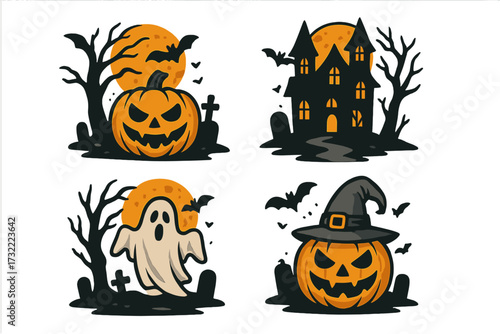 Halloween vector icon set. Spooky jack o'lantern, haunted house, cute ghost, witch hat pumpkin. Cartoon graphics for holiday party design. Creepy night scene with moon and bats.