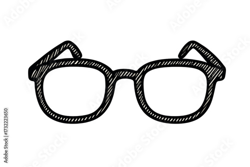 Vector illustration of nerd glasses in a doodle sketch style. Hand drawn retro geek eyewear icon. Eyesight and vision concept. Black and white fashion accessory symbol.