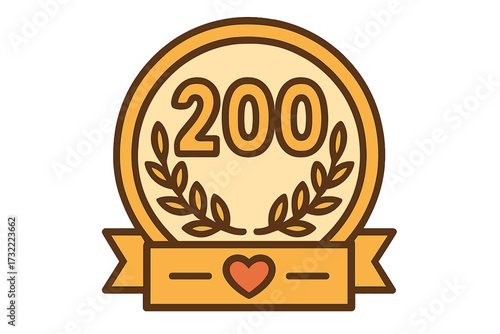 200 followers celebration. Two hundred subscribers thank you banner. Social media goal achievement. Vector badge icon. Anniversary number. Like symbol with heart. Milestone.