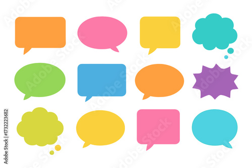 Colorful flat speech and thought bubbles set. Vector illustration for communication, chat, and dialogue. Empty message boxes, comment icons, and thinking clouds collection.