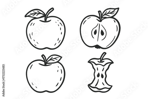 Apple fruit vector doodle icon set. Hand drawn outline sketch illustration of whole, half, and eaten apple core. Simple black and white line art collection for healthy food.