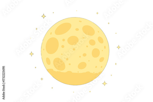 Full moon cartoon. Craters and stars. Night sky. Vector illustration. Astronomy celestial body. Space icon. Planetoid graphic. Yellow planet symbol. Isolated flat design.
