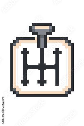 Pixel art manual gear shift icon. Car stick shift symbol in retro 8-bit video game style. Vector illustration of automobile gearbox transmission for gaming asset or design.