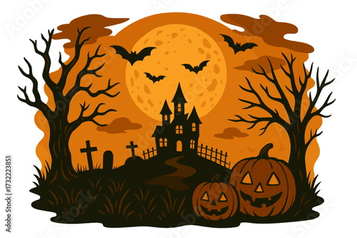 Spooky Halloween night landscape with haunted house on a hill under a full moon. Silhouette of scary trees, flying bats, graveyard and jack o'lantern pumpkins. Vector poster.