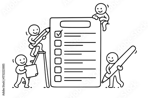 Teamwork business concept. Happy little characters working as a team filling the to do list. Doodle illustration about efficiency, project management, collaboration, and goals.