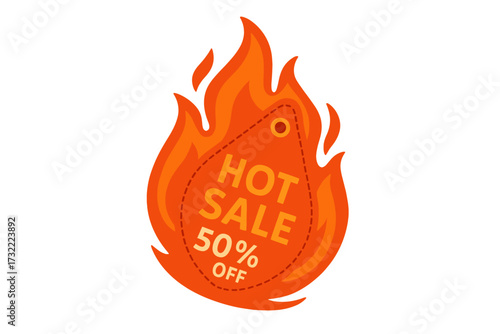 Vector hot sale fifty percent off tag. Flame fire label for shopping discount, promo advertising. Red hot price promotion banner design element for retail marketing.