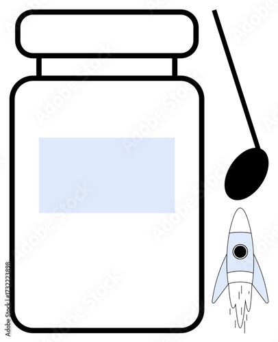 Medicine bottle with spoon beside, tiny rocket launching from its base. Ideal for healthcare, innovation, energy, wellness, motivation, startup futuristic advancements. Uniquely simple flat metaphor