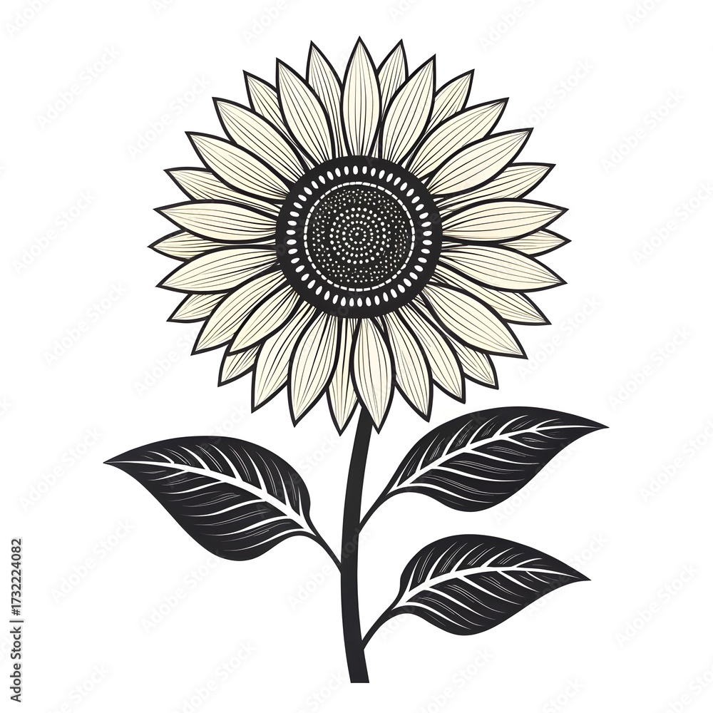Fototapeta premium Elegant stylized sunflower with detailed petals and leaves, perfect for modern graphic design and natural branding