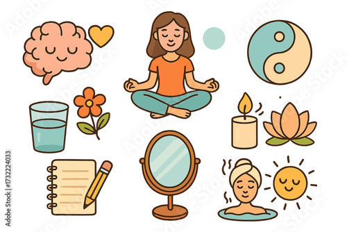 Set of mental health and wellness icons. Mindfulness, meditation and self care concept. Yoga, relax, journaling, balance and positive thinking. Vector cartoon illustration pack.