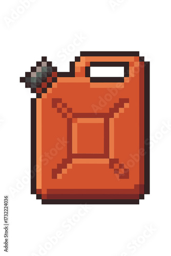 Gas can pixel art icon. 8-bit jerrycan for retro video game. Fuel canister vector illustration. Gasoline container sprite for gaming asset. Petrol symbol on isolated background.