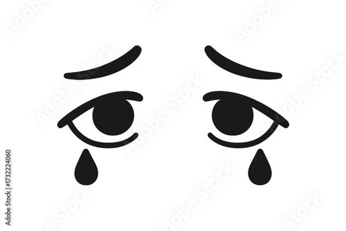 Sad crying eyes with tears vector illustration. Concept of sadness, sorrow, depression, and despair. Minimalist icon of grief, pain, and loneliness. Unhappy teardrop emotion.