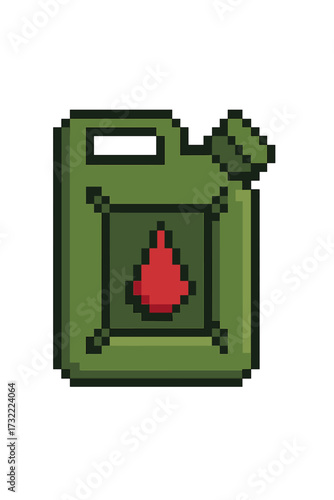 Gas can pixel art icon. Jerrycan fuel canister for gasoline, petrol. Flammable liquid container. Retro 8-bit video game asset. Vintage gaming sprite. Energy power resource.