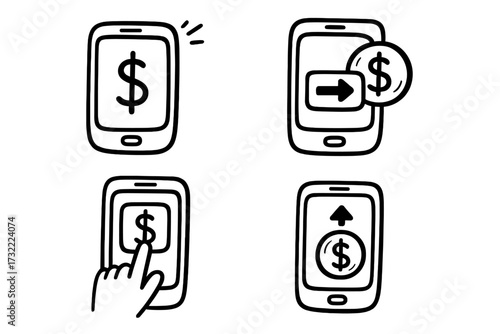 Mobile payment doodle icon set. Hand drawn finance app for phone. E-commerce concept with buying, sending money with smartphone. Digital wallet vector illustration for online banking.