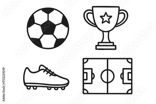 Soccer football sport icon collection. Vector line art set of game symbols. Ball, champion trophy cup, player shoe cleat, and field pitch outline illustration for tournament.