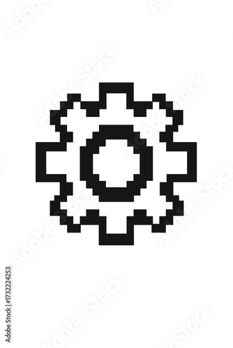 Gear pixel icon. Cogwheel 8 bit graphic element. Retro game style settings button. Vector machine part for web design, app interface. Technology, progress, process cog symbol.