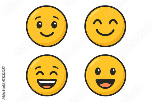 Cute emoticon smiling vector emoji design set. Happy face character illustration collection. Positive emotions icons for chat. Grin, wink, and laugh expressions isolated.