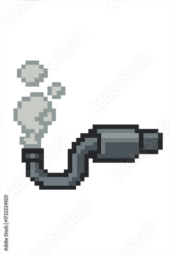 Car exhaust pipe with smoke icon in pixel art style. Vector illustration of a muffler emitting fumes. Concept of vehicle pollution, carbon emissions, and transport. 8-bit retro art.