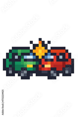 Car crash pixel art icon. Vector illustration of two cars colliding. Road accident symbol in retro 8-bit video game style. Automotive collision, insurance concept graphic.