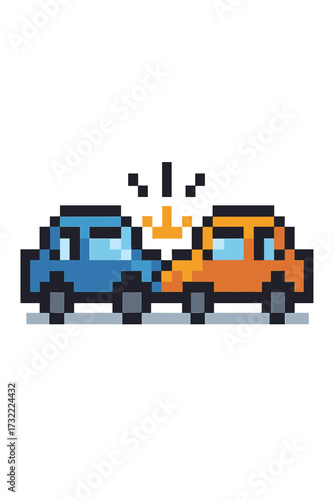 Pixel art car crash. 8-bit vector illustration of a traffic accident. Two cars colliding. Concept for insurance, road safety, emergency, and vehicle damage. Isolated icon.