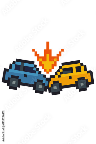 Pixel art car crash icon. Vector illustration of a road accident with two automobiles colliding. 8-bit retro video game style. Concept for transportation safety, insurance claim, danger.