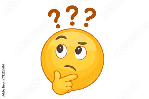 Thinking face emoji with question marks. Pondering emoticon asking questions. Concept of doubt, confusion, problem solving, finding an idea. Vector character illustration icon.