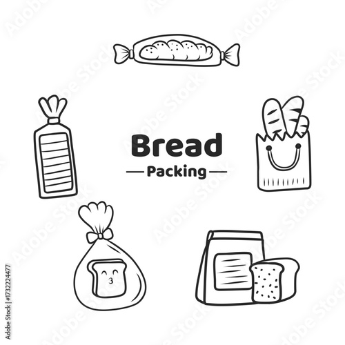 Hand-drawn bread packaging doodle illustration set - outline bakery products vector design