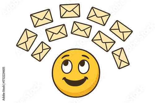 Happy emoji receiving many emails concept. Metaphor for communication, inbox overload, spam, and newsletters. Smiling emoticon character looking up at falling letter envelopes.