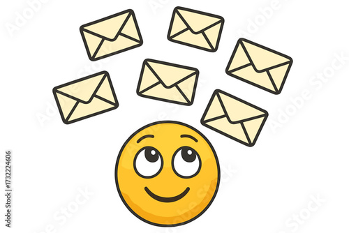Receiving emails concept illustration. Yellow emoji smiley looking up at falling letter envelopes. Metaphor for inbox, communication, newsletter, message, notification, spam.