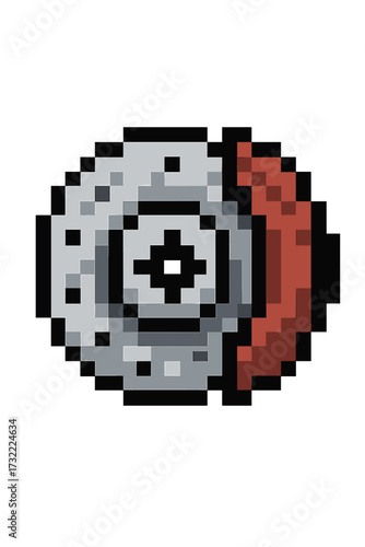 Brake disc pixel art icon. Car braking system symbol in retro 8-bit video game style. Automotive part for auto service, mechanic, repair or racing. Vector illustration.