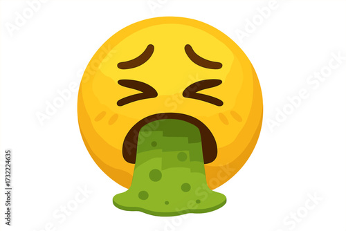 Vomiting face emoji vector icon. Puking yellow smiley feeling sick. Concept for nausea, disgust, food poisoning, illness, barfing, spewing. Unwell emoticon character design.