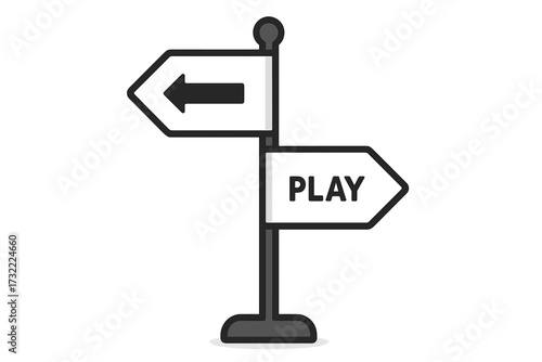Work life balance choice concept. Signpost with opposite directions for career and play. Crossroads decision, path to fun vs duty. Metaphor for life choices and priorities.