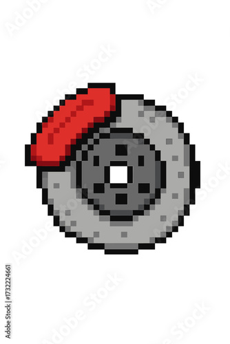 Car brake disc pixel art icon. Automotive part symbol for vehicle service. Mechanic repair concept. Retro 8 bit graphic. Wheel rotor and red caliper vector illustration.