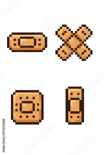 Set of adhesive bandage pixel art icons. Medical plaster collection for first aid. 8-bit retro video game style wound care graphics. Health care symbol asset pack. Vector.